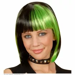 Pruik, Zoey Zwart Met Groene Highlights